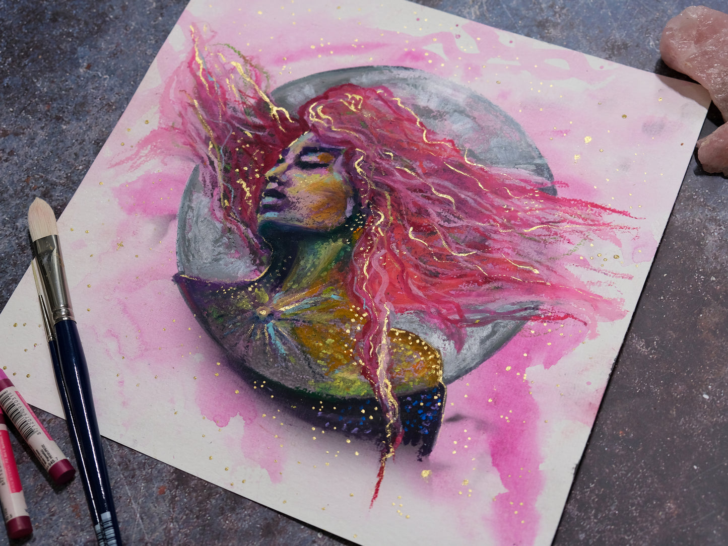 "Pink Moon" -  Original Oil Pastel