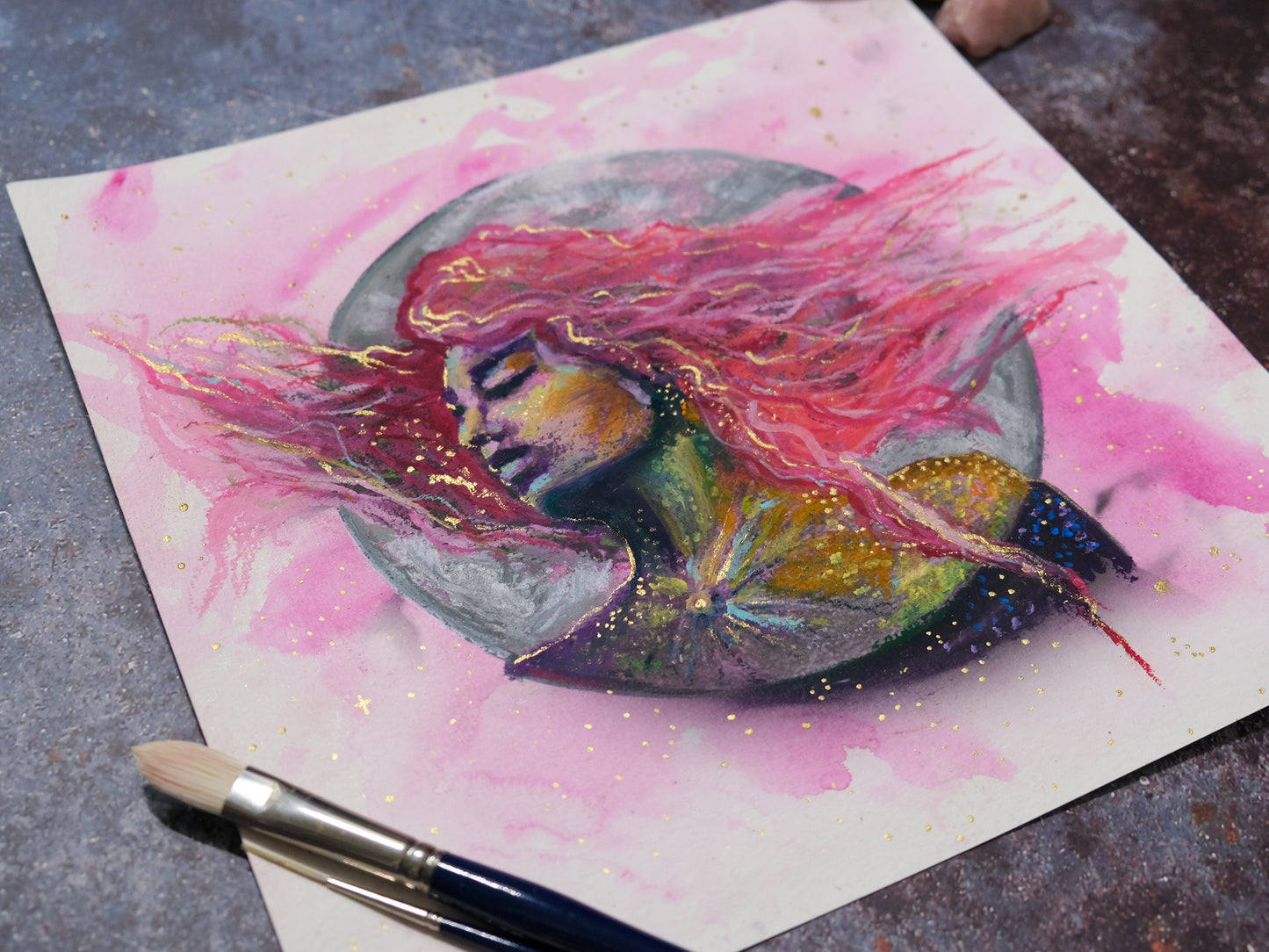 "Pink Moon" -  Original Oil Pastel